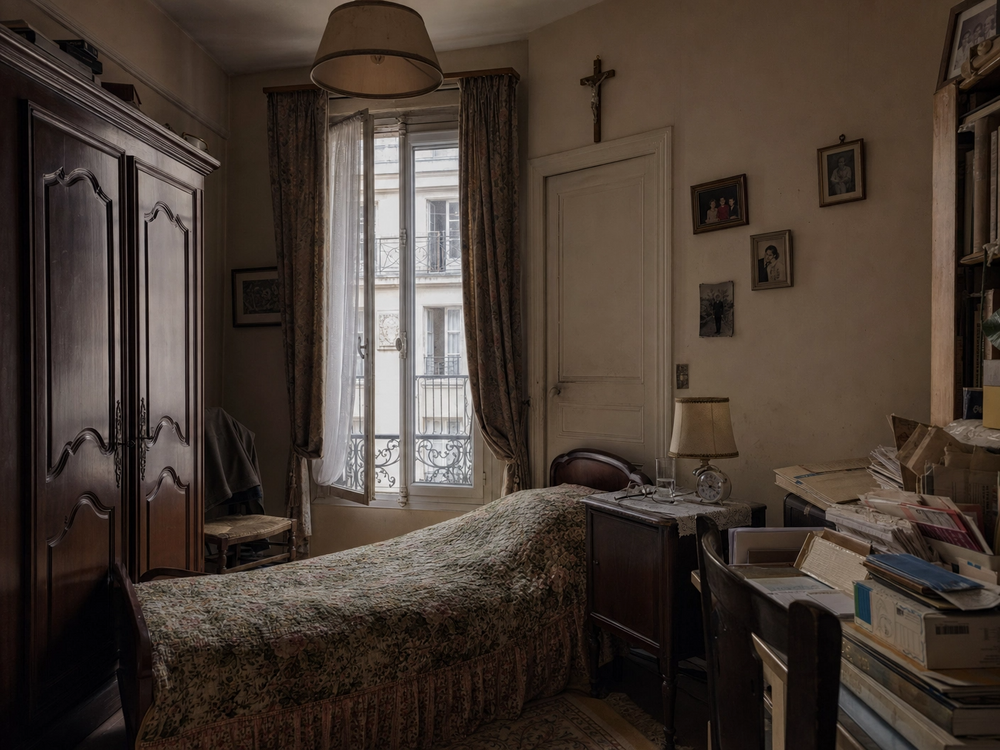 Débarras et nettoyage d'une chambre d'EHPAD après le décès d'un résident, dans le respect et la communication avec les proches pour savoir quel objet garder ou jeter