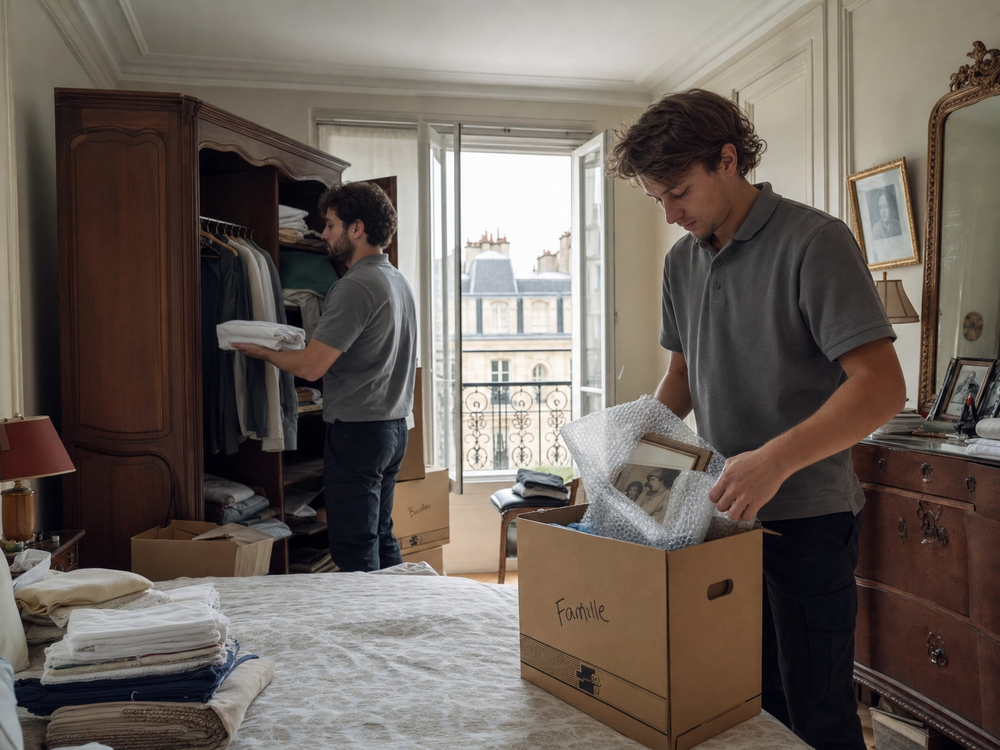 Débarras et nettoyage d'une chambre d'EHPAD après le décès d'un résident, dans le respect et la communication avec les proches pour savoir quel objet garder ou jeter