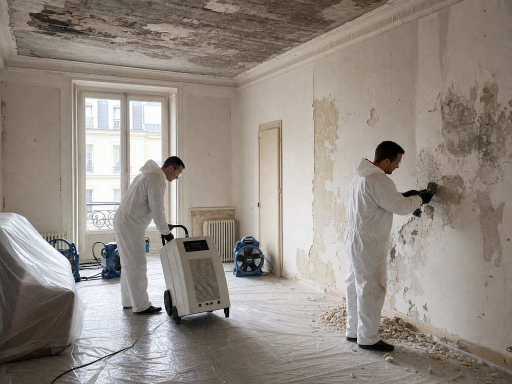 Séchage puis assainissement après un dégât des eaux dú à une fuite a l'étage supérieur, appartement situé à Montpellier